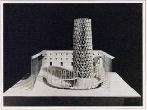 Maqueta Pabellón de Suiza finalmente seleccionada con una torre de papel reciclado (Informes Gráficos Expo 92 - Archivo General de Andalucía).